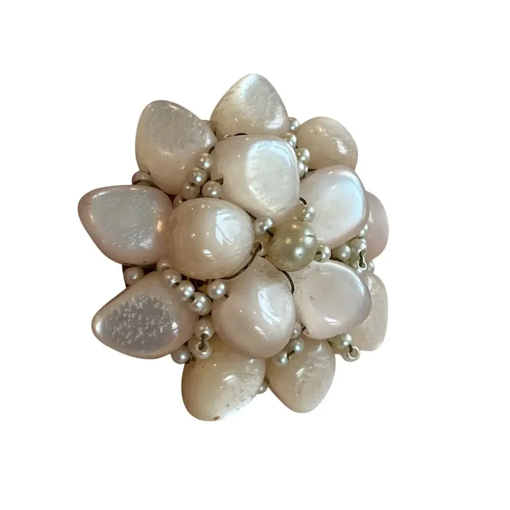 Mid century beaded brooch creamy moonglow stacked Lucite & faux pearl beaded pin